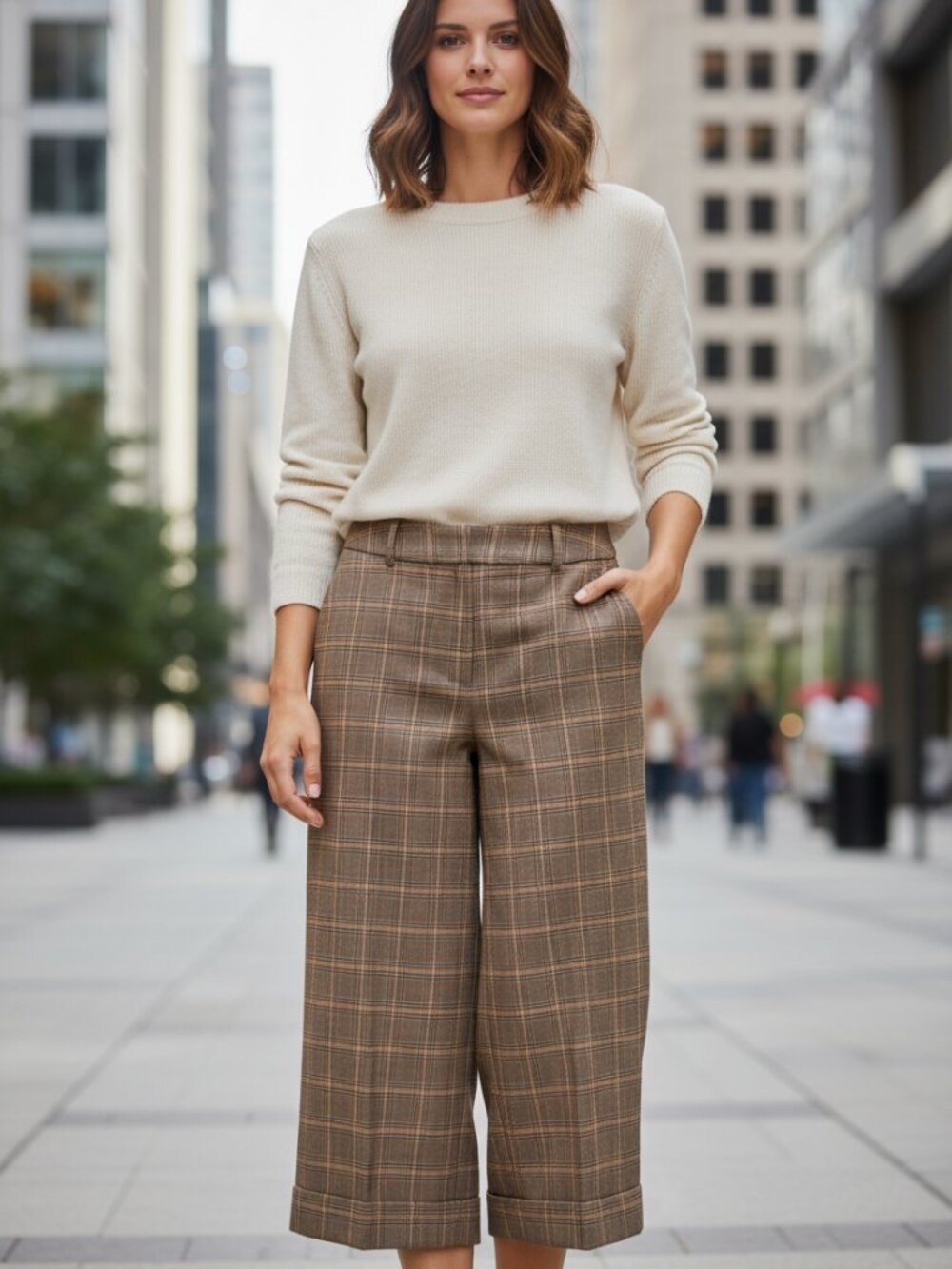 ACESS Stretch, Brown and Tan Plaid Trousers Wide/Straight-Leg Cuffed Hem Size 10